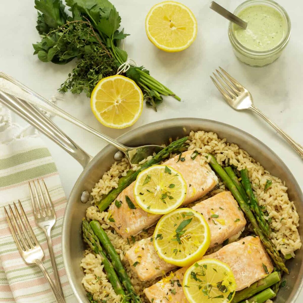 salmon rice lemon food